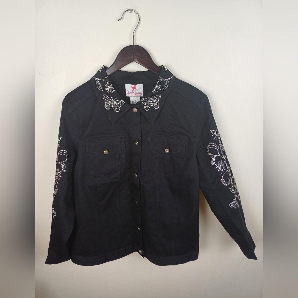 NWT Quacker Factory Stretch Denim Stud Stones Jean Jacket Jeanne Black 1X A6345